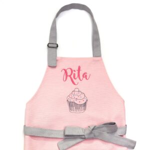 kids apron for cooking girl embroidered personalized pink teens adults, baking custom chef hat (01 pink)