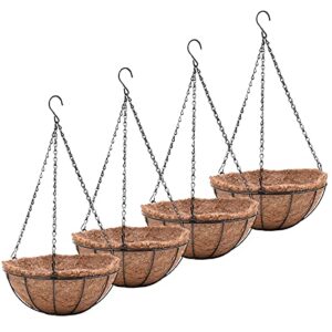 eimquvw metal hanging planters basket set of 4 hanging flower pots 10 inch chain round wire plant holder with coco coir liner garden watering hanging baskets for patio garden outdoor1