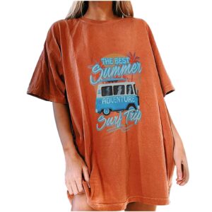 women's summer letter pattern print drop shoulder short sleeve t-shirt plus size round neck casual tee solid color top (orange, xxl)