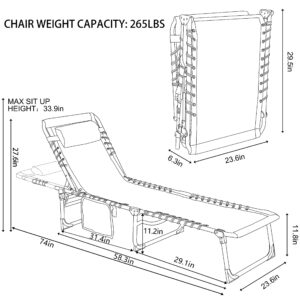 MUPATER 4-Fold Patio Chaise Lounge Chair for Outdoor with Detachable Pocket and Pillow, Portable Sun Lounger Recliner for Beach, Camping and Pool, Grey