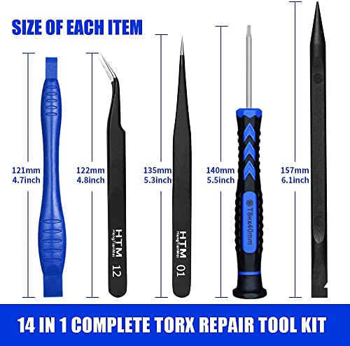 HengTianMei 14 in 1 Torx Screwdriver Set with T1 T2 T3 T4 T5 T6 T7 T8 T9 T10 Security Torx Bit & ESD Tweezers, Magnetic Screwdrivers Precision Repair Kit for Xbox, PS4,Macbook, Computer