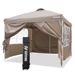 outfine patio canopy 10'x10' pop up commercial instant gazebo tent, outdoor party canopies with 4 removable sidewalls, stakes x8, ropes x4 (khaki, 10 * 10ft)