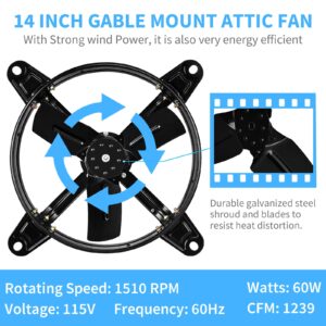 Simple Deluxe 14 Inch Mount Fan Attic Gable Ventilator with Adjustable Temperature Thermostat, 1239 CFM, Black