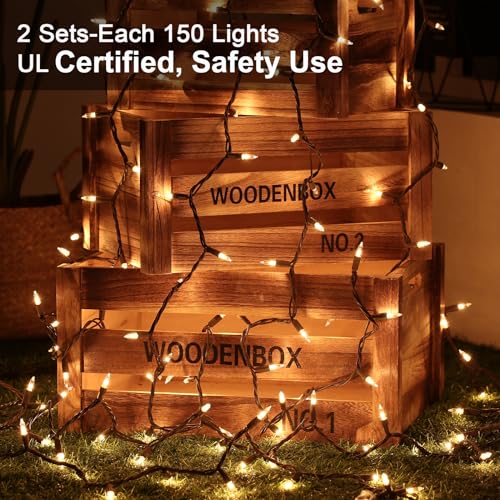 Christmas Lights, 300ct 69.6ft Incandescent Christmas Lights Connectable, Outdoor Christmas Tree Lights, 120V UL Certified Indoor Christmas String Lights for Xmas Party Patio, Brown Wire, Warm White