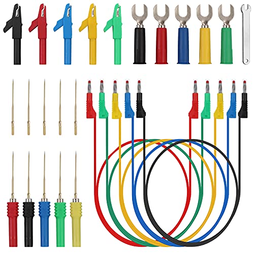 Banana Plug Silicone Test Leads Kit CAMWAY Safety Shrouded Stackable Banana Plug Fully Insulated, Alligator Clips U-Type Spade Plug Back Probe Pins Gold-Plated Test Probe for Multimeter