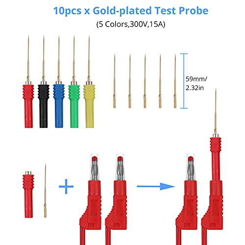 Banana Plug Silicone Test Leads Kit CAMWAY Safety Shrouded Stackable Banana Plug Fully Insulated, Alligator Clips U-Type Spade Plug Back Probe Pins Gold-Plated Test Probe for Multimeter