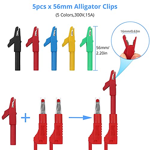 Banana Plug Silicone Test Leads Kit CAMWAY Safety Shrouded Stackable Banana Plug Fully Insulated, Alligator Clips U-Type Spade Plug Back Probe Pins Gold-Plated Test Probe for Multimeter