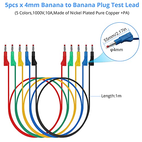 Banana Plug Silicone Test Leads Kit CAMWAY Safety Shrouded Stackable Banana Plug Fully Insulated, Alligator Clips U-Type Spade Plug Back Probe Pins Gold-Plated Test Probe for Multimeter