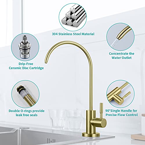 MIAOHUI Reverse Osmosis Faucet, Drinking Water Faucet Fits Non-Air Gap Water Filtration Systems, Modern RO Faucet Kitchen Filtered Water Faucet, Lead-Free, Stainless Steel (Brushed Gold)