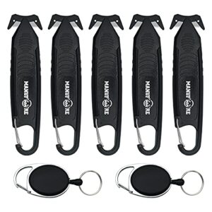 manufore 5 pack safety knife package box opener film cutter with 2 retractable key chain for shrink wrap, stretch wrap, tape, and plastic straps