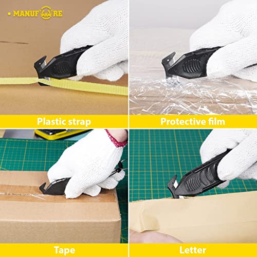 MANUFORE 5 Pack Safety Knife Package Box Opener Film Cutter with 2 Retractable Key Chain for Shrink Wrap, Stretch Wrap, Tape, and Plastic Straps