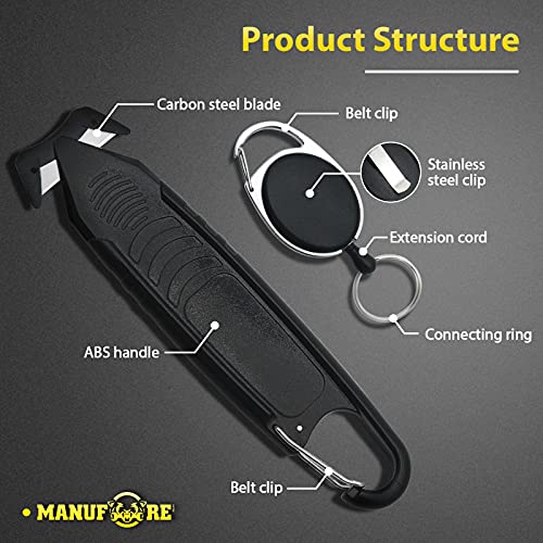 MANUFORE 5 Pack Safety Knife Package Box Opener Film Cutter with 2 Retractable Key Chain for Shrink Wrap, Stretch Wrap, Tape, and Plastic Straps