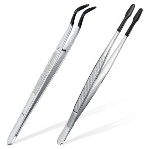 2 pieces tweezers with rubber tips set pvc rubber coated tips bent and straight flat tip tweezers stamp coins jewelry hobby crafts industrial electronic tweezers tools (silver, black)