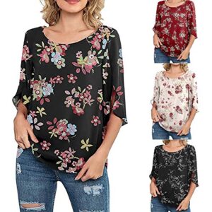 wodceeke Women's Chiffon Ice Silk Short Sleeve T-shirt Plus Size Casual Floral Print Tee Summer Basic Tops (Pink, L)