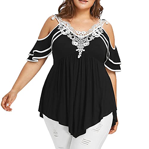 wodceeke Lace Embroidery Layered V-Neck T-Shirt For Women Plus Size Off-Shoulder Pleated Tee Casual Top (Black, XXXXXL)