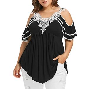 wodceeke Lace Embroidery Layered V-Neck T-Shirt For Women Plus Size Off-Shoulder Pleated Tee Casual Top (Black, XXXXXL)