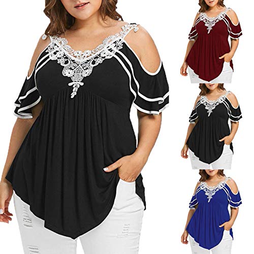 wodceeke Lace Embroidery Layered V-Neck T-Shirt For Women Plus Size Off-Shoulder Pleated Tee Casual Top (Black, XXXXXL)