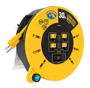 camco power grip 30-foot extension cord reel with usb charging ports | provides an extended length to power your equipment and devices | features multiple built-in power outlets (55290)