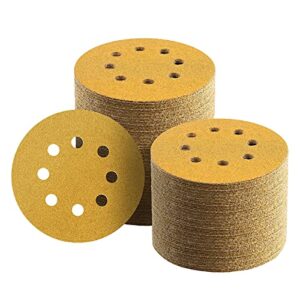 keeimp 100 pcs 5 inch sanding discs hook and loop, 60 grit sandpaper for woodworking or automotive, 8 hole gold premium dustless random orbit sandpaper