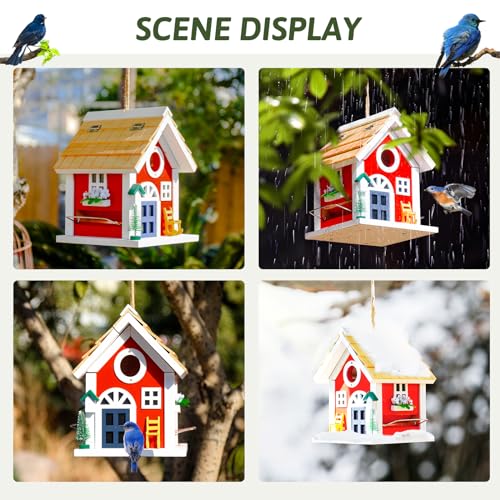 2IN1 Red Bluebird House and Birdfeeder for Outside - Stainless Perch with Removable Protector - Finch, Sparrows Bird House for Pole On Post,Outdoor Bird Houses,Birdhouse for Garden Viewing