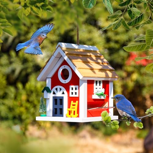 2IN1 Red Bluebird House and Birdfeeder for Outside - Stainless Perch with Removable Protector - Finch, Sparrows Bird House for Pole On Post,Outdoor Bird Houses,Birdhouse for Garden Viewing