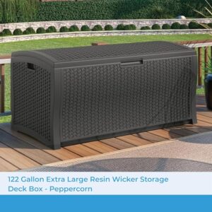 Suncast 122-Gallon Extra Large Resin Wicker Outdoor Storage Deck Box, Peppercorn