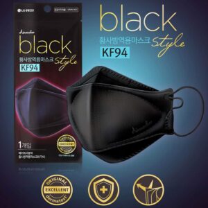 [Airwasher] KF94 Disposable Face Mask - Made in Korea, Black Breathable Reusable Face Mask, Individually Wrapped 4-Ply Adjustable Cloth Masks, 20 Pack