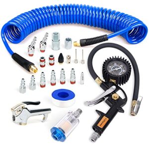 fypower 22 pieces air compressor accessories kit, 1/4 inch x 25 ft recoil poly hose kit, 1/4" npt quick connect air fittings, tire inflator gauge, blow gun, air filter, swivel plugs, blue pu hose