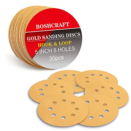 BOSHCRAFT 30 Packs Sanding Discs, 220 Grit 5 Inch Sanding Disc Hook and Loop Sandpaper 8 Holes Orbital Sander Sandpaper for Wood Metal Random Orbital Sander