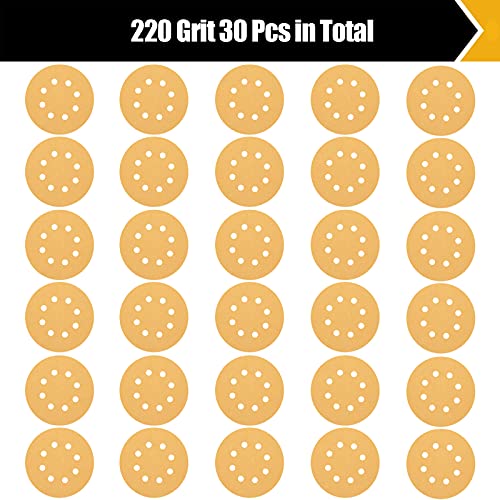 BOSHCRAFT 30 Packs Sanding Discs, 220 Grit 5 Inch Sanding Disc Hook and Loop Sandpaper 8 Holes Orbital Sander Sandpaper for Wood Metal Random Orbital Sander