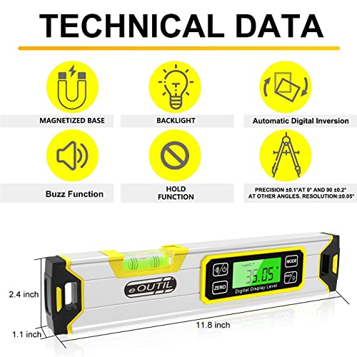 12-Inch Digital Torpedo Level and Protractor Aluminum Inclinometer Angle Finder with Backlight LED Display & V-Groove Magnetic Base, IP54 Dust/Water Resistant Smart Level