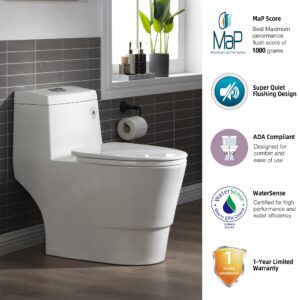 WOODBRIDGEE One Piece Toilet with Soft Closing Seat, Chair Height, 1.28 GPF Dual, Water Sensed, 1000 Gram MaP Flushing Score Toilet with Chrome Button T0001-CH, White