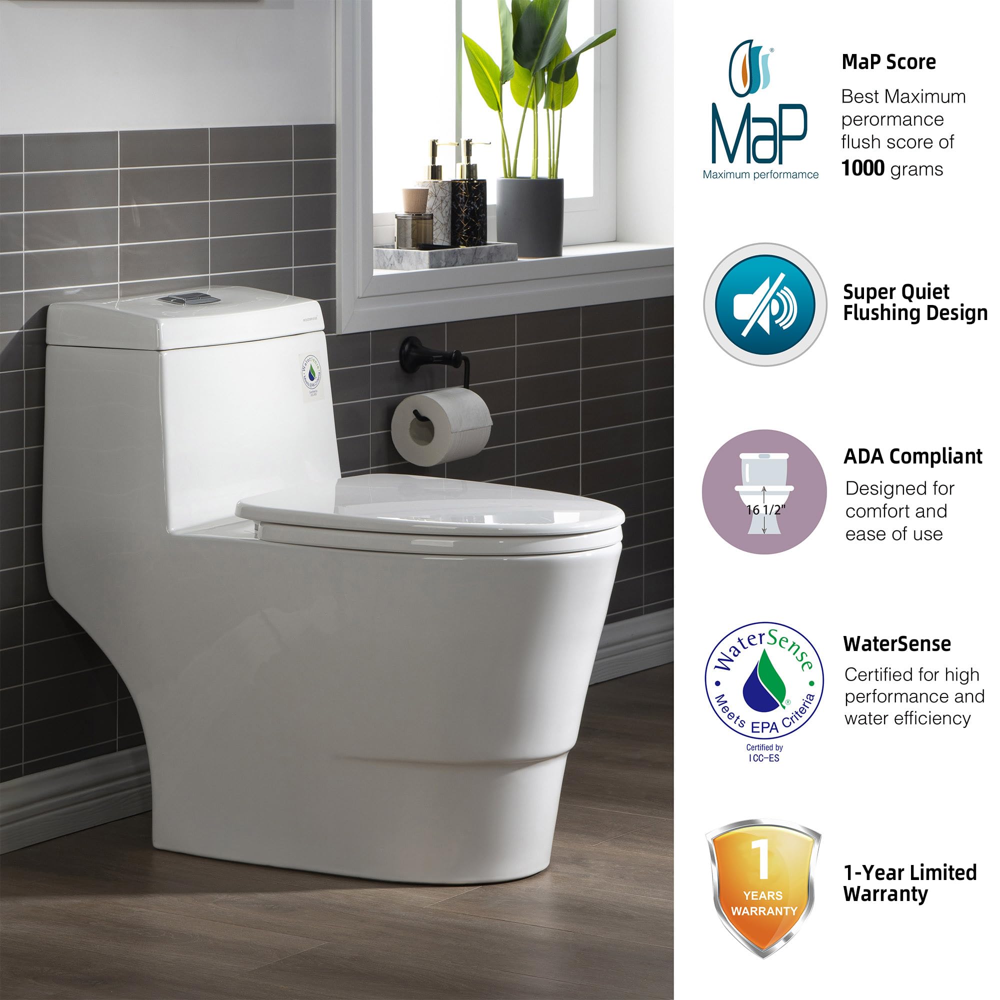 WOODBRIDGEE One Piece Toilet with Soft Closing Seat, Chair Height, 1.28 GPF Dual, Water Sensed, 1000 Gram MaP Flushing Score Toilet with Chrome Button T0001-CH, White