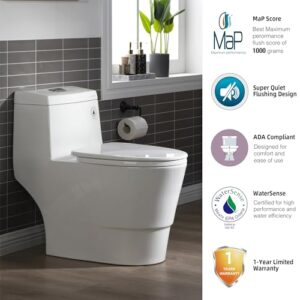 WOODBRIDGEE One Piece Toilet with Soft Closing Seat, Chair Height, 1.28 GPF Dual, Water Sensed, 1000 Gram MaP Flushing Score Toilet with Chrome Button T0001-CH, White