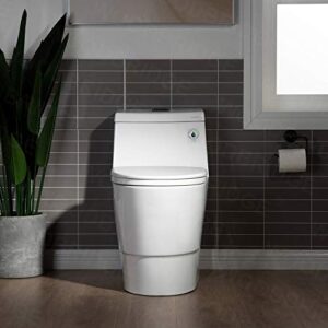 WOODBRIDGEE One Piece Toilet with Soft Closing Seat, Chair Height, 1.28 GPF Dual, Water Sensed, 1000 Gram MaP Flushing Score Toilet with Chrome Button T0001-CH, White