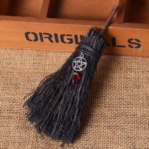 BLESSUME Witch Altar Broom Pentacle Mini Wizard Broom Pentagram/Celtic Knot Divination Ornament (Pentagram & Red Pendant)