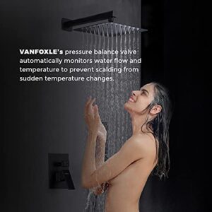 VANFOXLE Shower Faucets Sets Complete Matte Black Shower System 10 inches Rainfall Shower Head with 2 in 1 Handheld, Modern Shower Faucet Fixture Combo Set Rough-in Valve Body and Trim Included