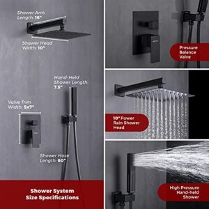 VANFOXLE Shower Faucets Sets Complete Matte Black Shower System 10 inches Rainfall Shower Head with 2 in 1 Handheld, Modern Shower Faucet Fixture Combo Set Rough-in Valve Body and Trim Included