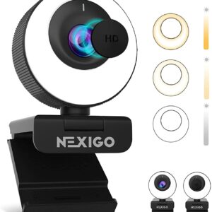 NexiGo N620E Webcam with Light, 1080P 60FPS AutoFocus, ePTZ 2X Digital Zoom, Plug and Play, [Software Included], FHD Streaming Web Camera, Dual Stereo Mics, for Zoom Skype Teams, PC Mac Laptop Desktop