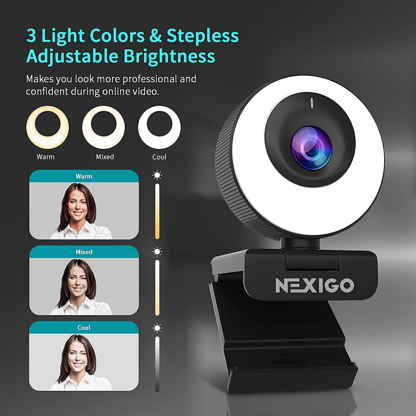 NexiGo N620E Webcam with Light, 1080P 60FPS AutoFocus, ePTZ 2X Digital Zoom, Plug and Play, [Software Included], FHD Streaming Web Camera, Dual Stereo Mics, for Zoom Skype Teams, PC Mac Laptop Desktop