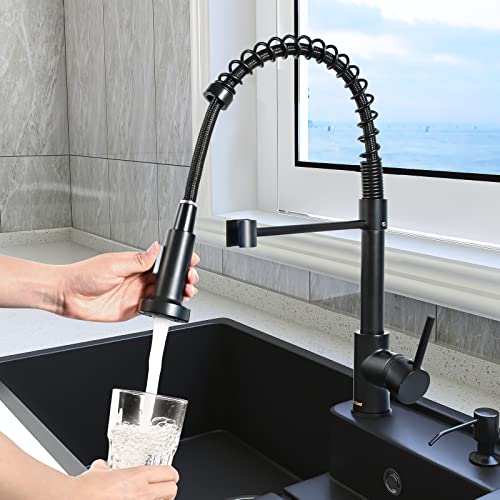 DEZONE Black Kitchen Faucet with Pull Down Sprayer, Deck Mount, Matte Black, Dual Outlet Water, Easy Installation