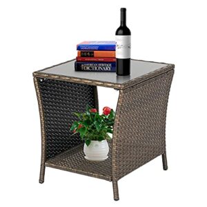 j-sun-7 patio brown wicker side table outdoor square tempered glass top end table with storage for patio courtyard balcony