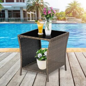 J-SUN-7 Patio Brown Wicker Side Table Outdoor Square Tempered Glass Top End Table with Storage for Patio Courtyard Balcony