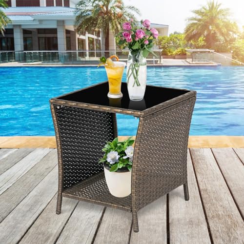 J-SUN-7 Patio Brown Wicker Side Table Outdoor Square Tempered Glass Top End Table with Storage for Patio Courtyard Balcony