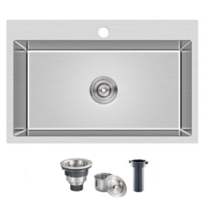 menatt 28 inch drop-in kitchen sink, 304 stainless steel topmount handmade kitchen sink, single bowl workstation sink with drain kit (brushed), 28"x18"x9"
