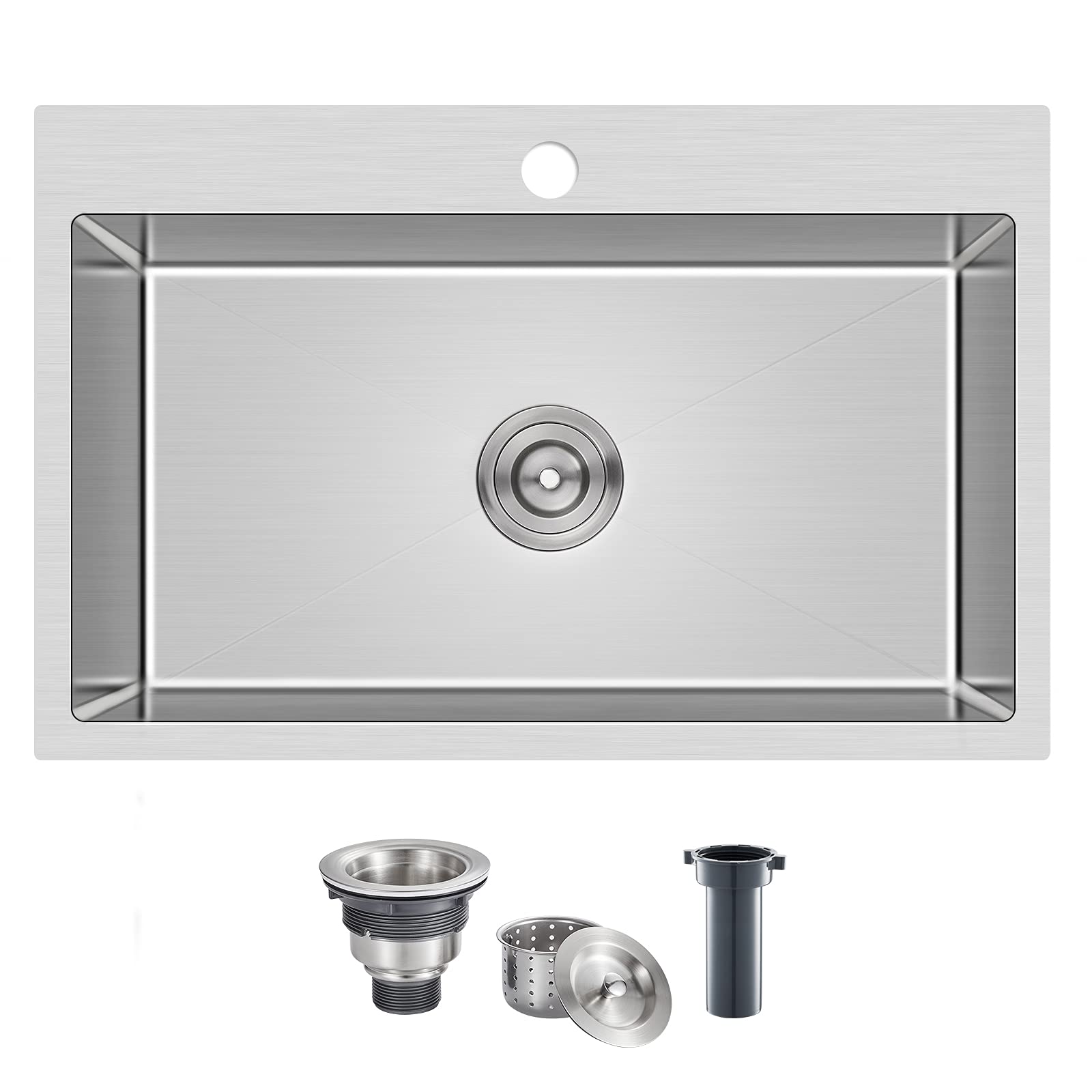 MENATT 28 Inch Drop-in Kitchen Sink, 304 Stainless Steel Topmount Handmade Kitchen Sink, Single Bowl Workstation Sink with Drain Kit (Brushed), 28"x18"x9"