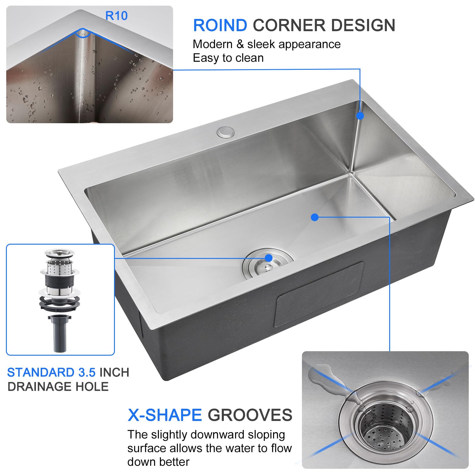 MENATT 28 Inch Drop-in Kitchen Sink, 304 Stainless Steel Topmount Handmade Kitchen Sink, Single Bowl Workstation Sink with Drain Kit (Brushed), 28"x18"x9"