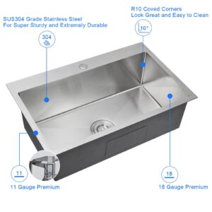 MENATT 28 Inch Drop-in Kitchen Sink, 304 Stainless Steel Topmount Handmade Kitchen Sink, Single Bowl Workstation Sink with Drain Kit (Brushed), 28"x18"x9"