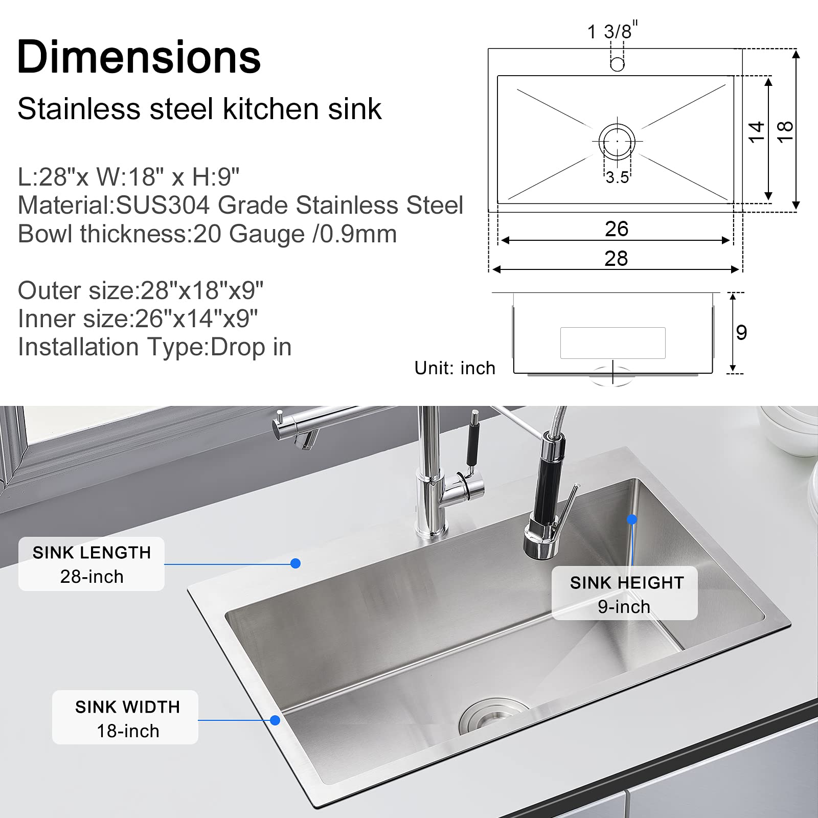 MENATT 28 Inch Drop-in Kitchen Sink, 304 Stainless Steel Topmount Handmade Kitchen Sink, Single Bowl Workstation Sink with Drain Kit (Brushed), 28"x18"x9"