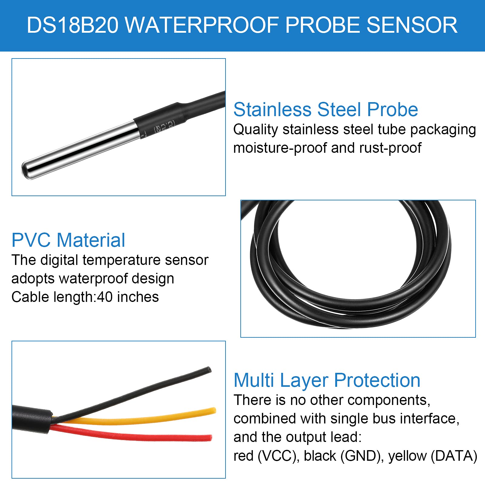 Weewooday 4 Sets DS18B20 Temperature Sensor Module Kit with 1 m/ 3.2 Ft Waterproof Digital Stainless Steel Probe -55 to +125 Degrees Celsius, Compatible with Raspberry Pi